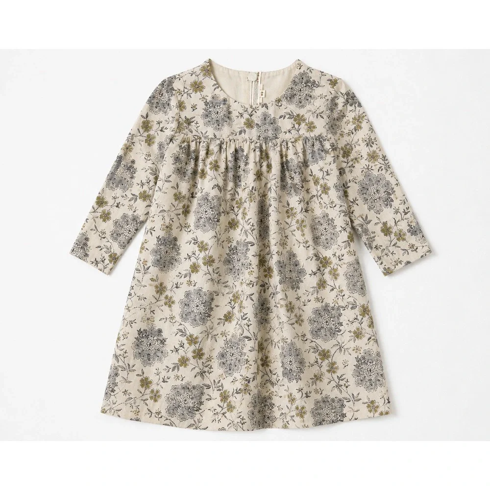 Bonpoint Girls Floral Cotton Wool Empire Waist Dress Cream Olive Size 12